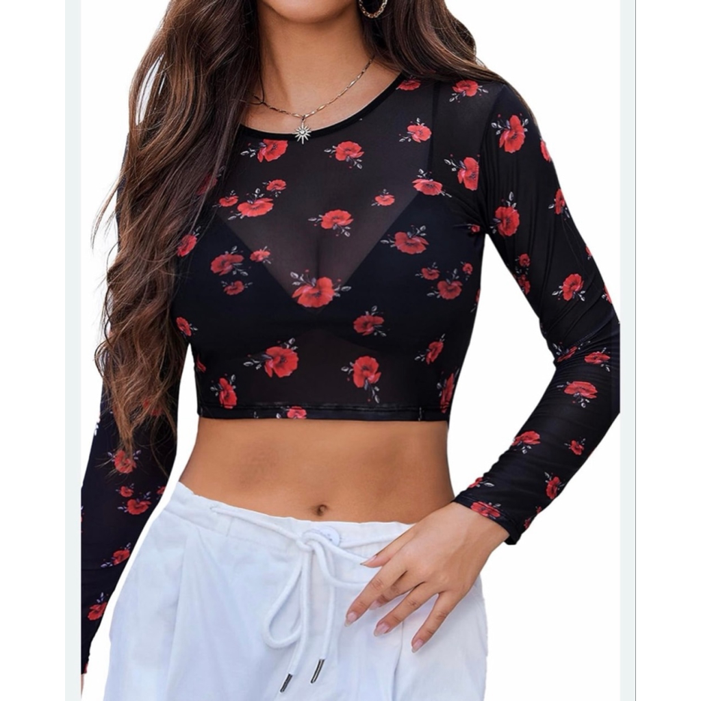 New Avidlove Floral Mesh Sheer Crop Top L